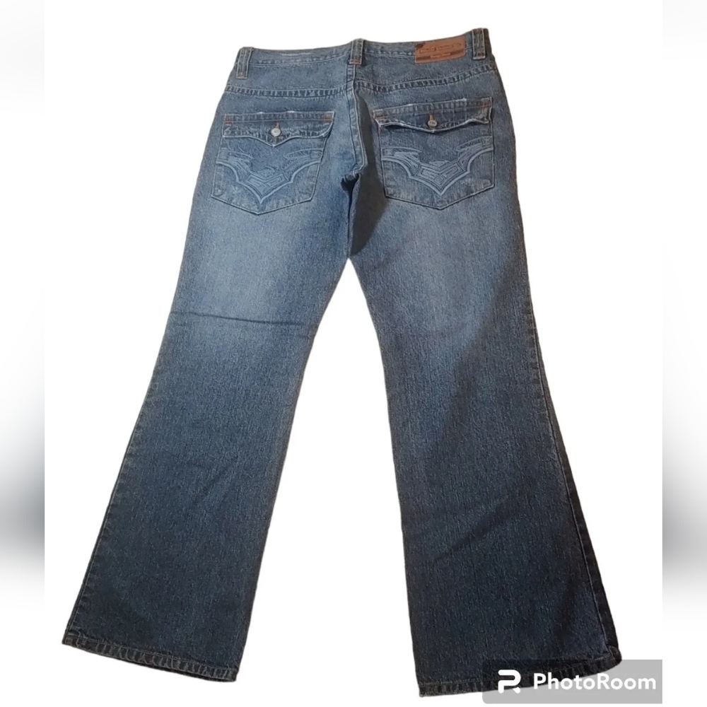 Micros Y2k Baggy Jeans Bootcut Blue Denim Men 34 Relaxed Grunge Flap Pockets Euc